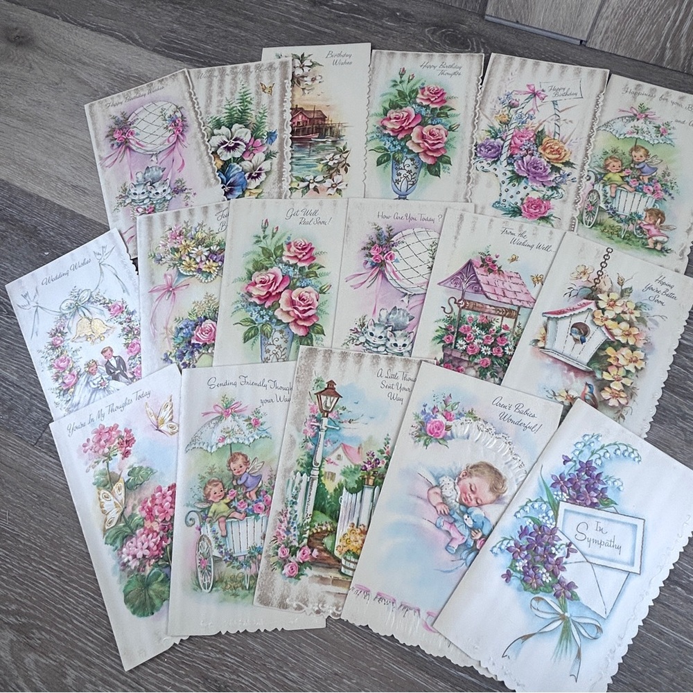 17 Vintage 50s-60s Scalloped Edge  Greeting Cards –Birthday, Get Well and more